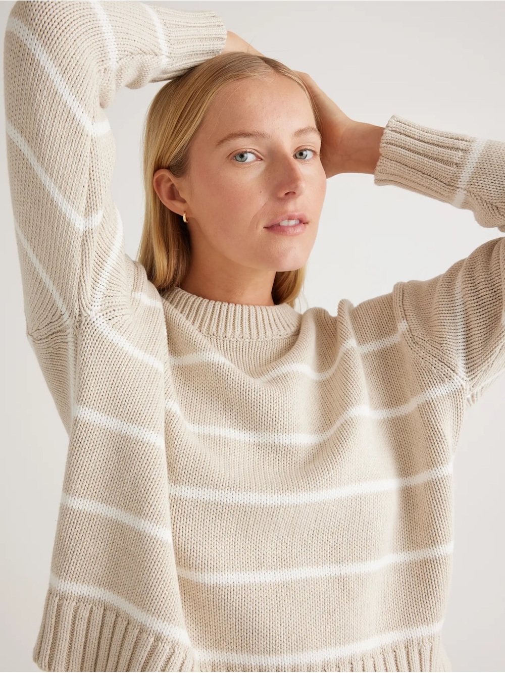 Quince Organic Cotton Beige and Ivory Striped Crewneck Sweater - Medium - NWT